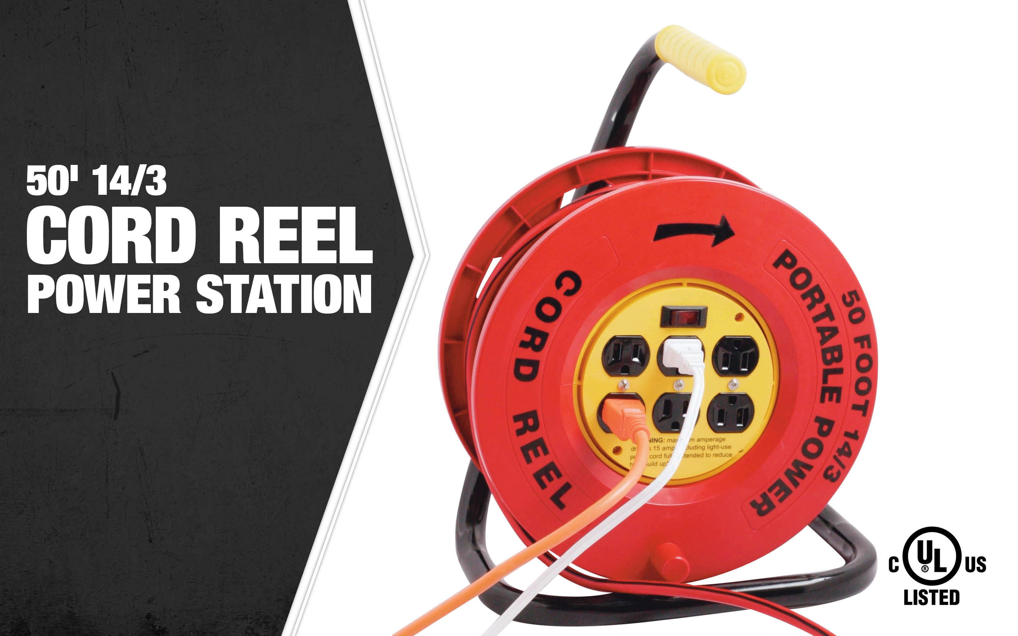25 Foot, Yellow Woods 2801 Extension Cord Reel With Four 3-Prong Power Outlets 