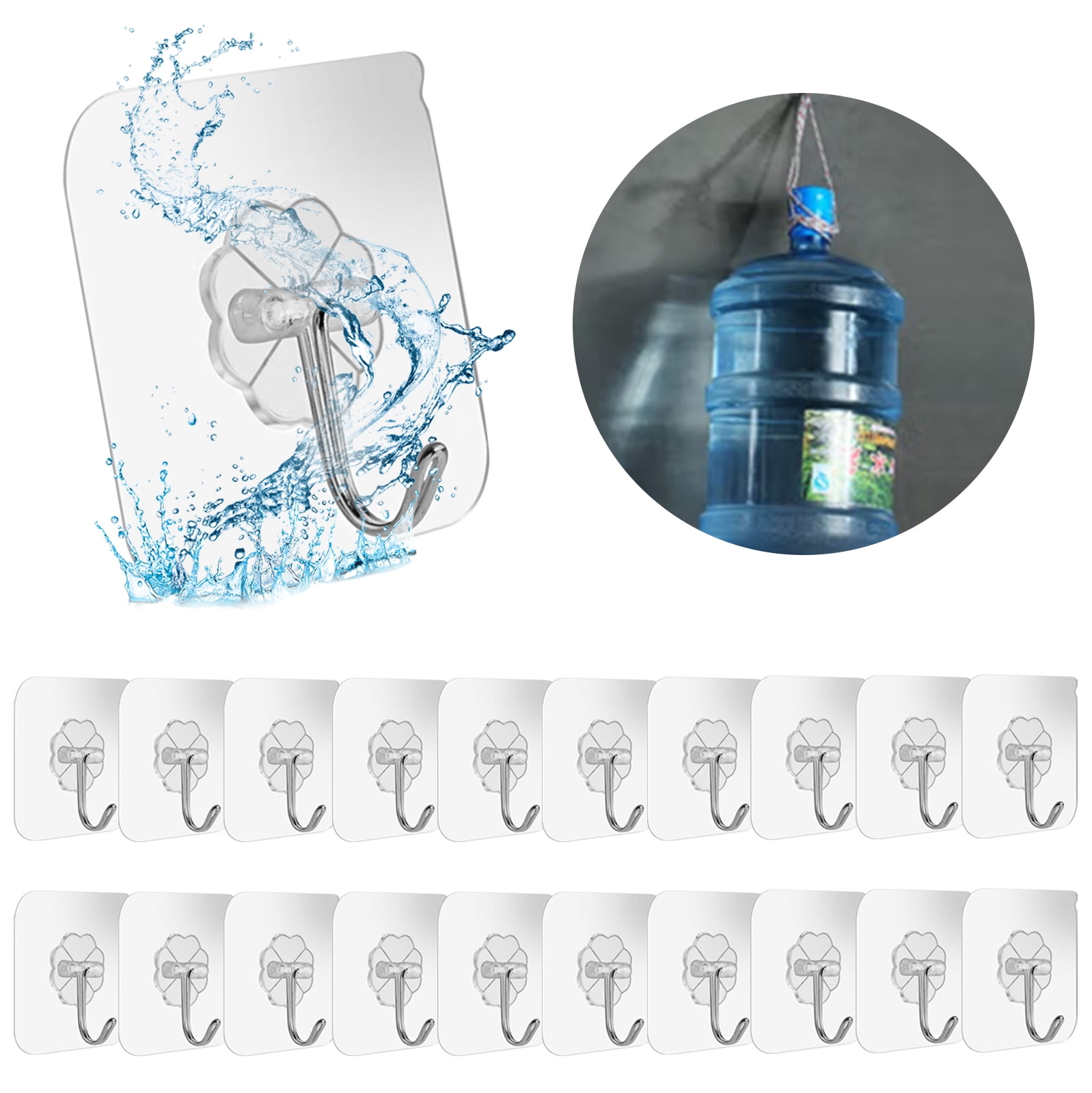 FLONOZZ Self Adhesive Wall Hooks, 20 Pack Transparent Reusable Seamless Hanging Hooks