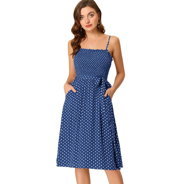INSPIRE CHIC Robe Midi à Pois pour Femme à Bretelles Spaghetti Smockée