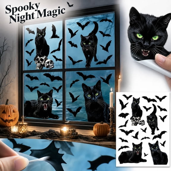 Halloween Cat Window Clings, Reusable Static Decals with Bats and Pumpkin Motifs for Glass Doors, Windows, Mirrors, Storefronts and Party Display Decor