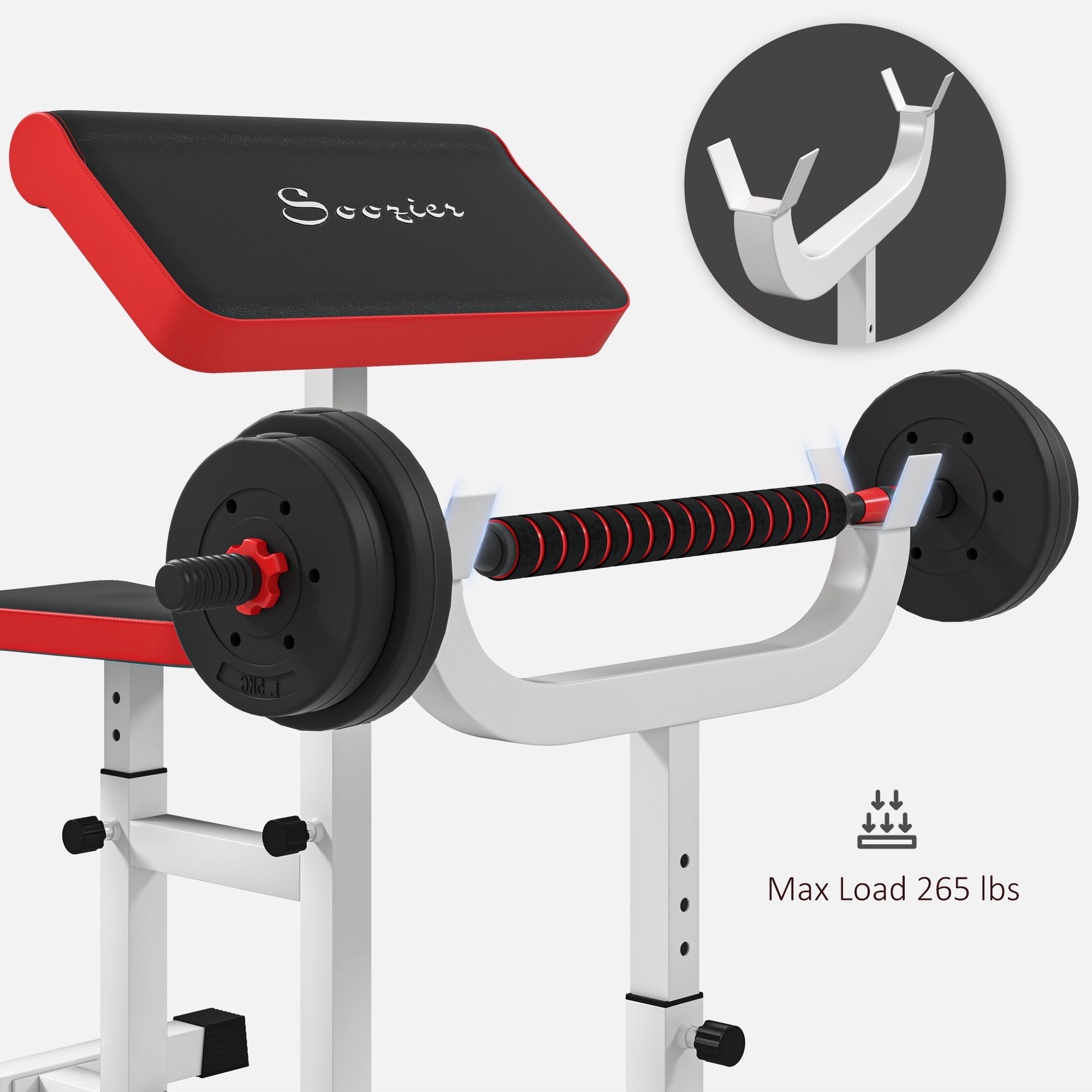 Soozier Adjustable Preacher Curl Bench, 265 LBS Seated Arm Isolated Barbell Dumbbell Bicep Station, White
