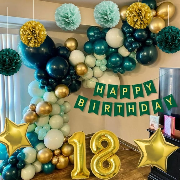 SPECOOL 18th Birthday Decoration Green Gold Birthday Party Decorations for Boy Girls Men Women, Birthday Balloons Kit with Happy Birthday Banner Paper Pompoms Confetti Balloons