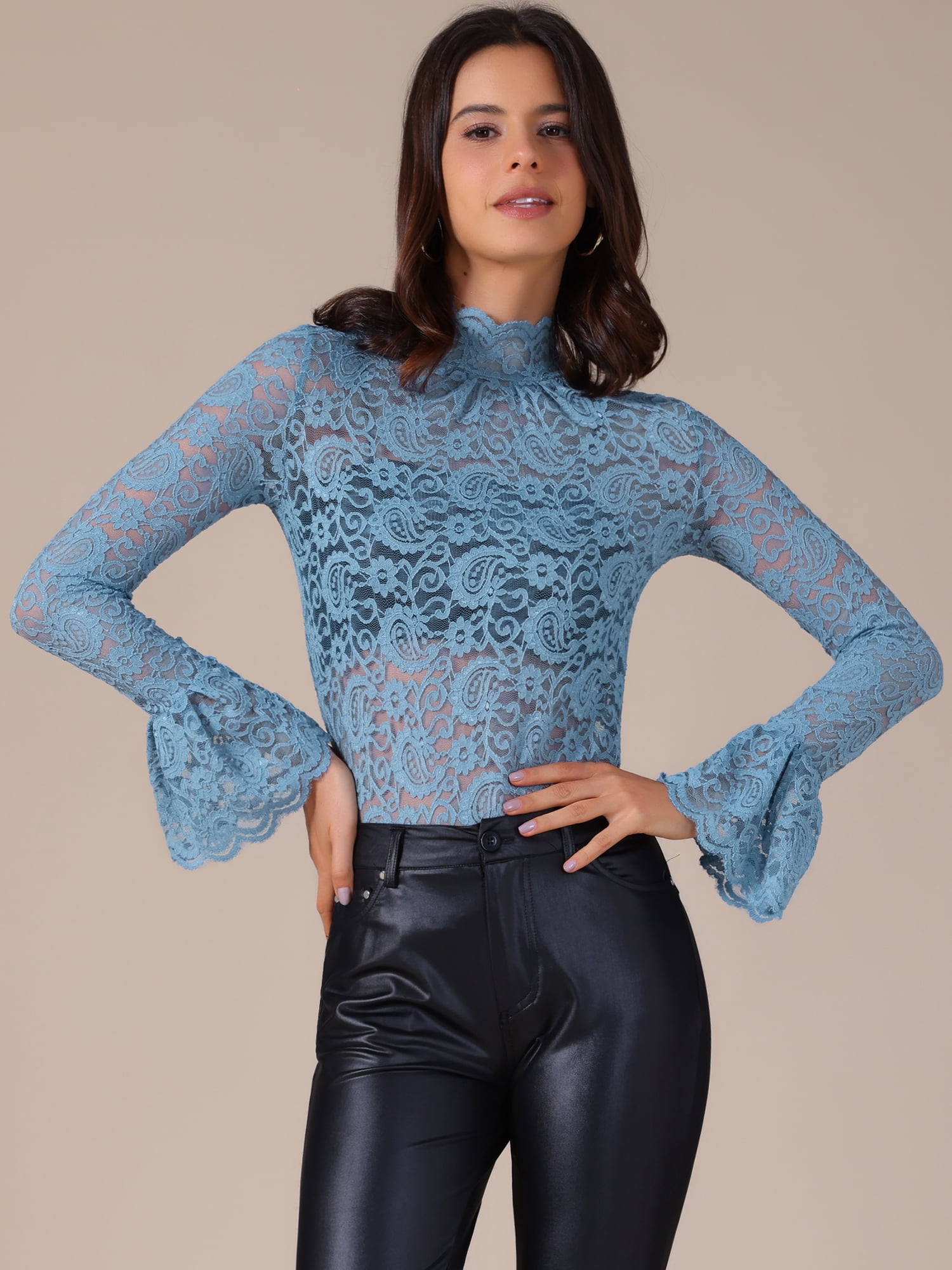 DARING DIVA Women's Lace High Neck Bell Long Sleeve Sheer Mesh Blouses XS Blue