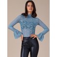 thumbnail image 2 of DARING DIVA Women's Lace High Neck Bell Long Sleeve Sheer Mesh Blouses XS Blue, 2 of 6