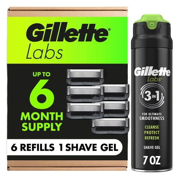 Gillette Labs with Exfoliating Bar Razor Refills for Men - 6 Razor Blade Refills and 7 oz Rapid Foaming Shave Gel