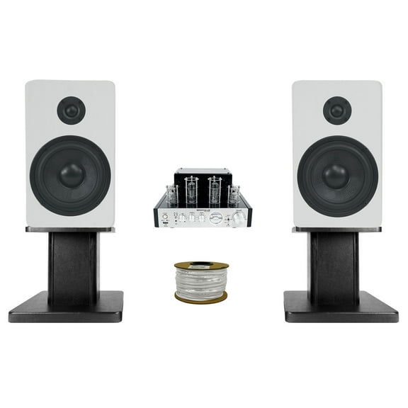 Rockville BluTube Tube Amplifier+(2) 5.25" White Bookshelf Speakers + 8" Stands + Rockville BLUE 14G50 OFC 14 Gauge 50 Foot 100% Copper Speaker Wire