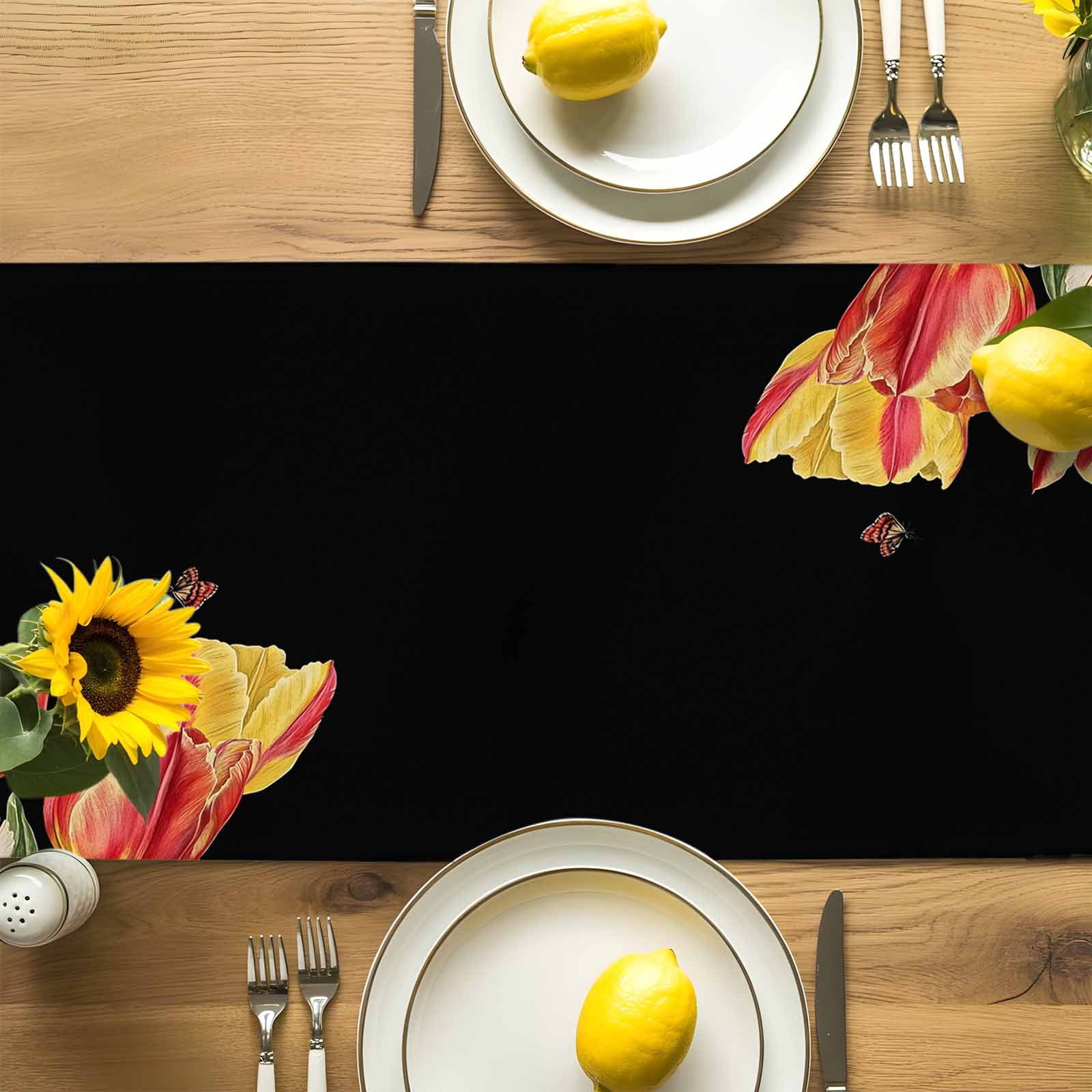 Colorful Tulip Flower on Black Table Runner 90 Inches Long, Watercolor Floral Butterfly Table Runners Tabletop Scarf Kitchen Dining Tables Decoration for Home Party Indoor Outdoor