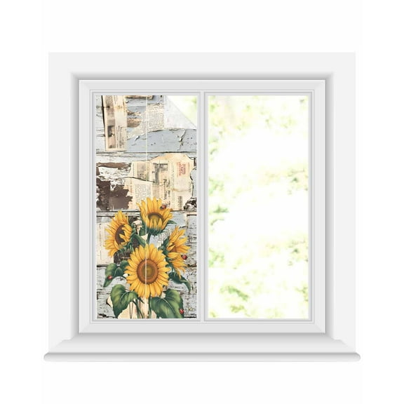 Window Privacy Film Sunflowers Stained Glass Window Film Decorative Sun Block Window Cover Country Vintage Botanical Flowers Newspaper Window Clings Static Adhesive Sticker for Bathroom 19.6"x39.3"