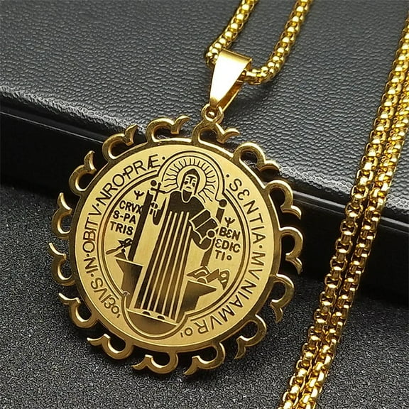 Catholic Saint Benedict Medal Necklace for Women Men 14K White Gold San Benito Chain Jewelry collar hombre