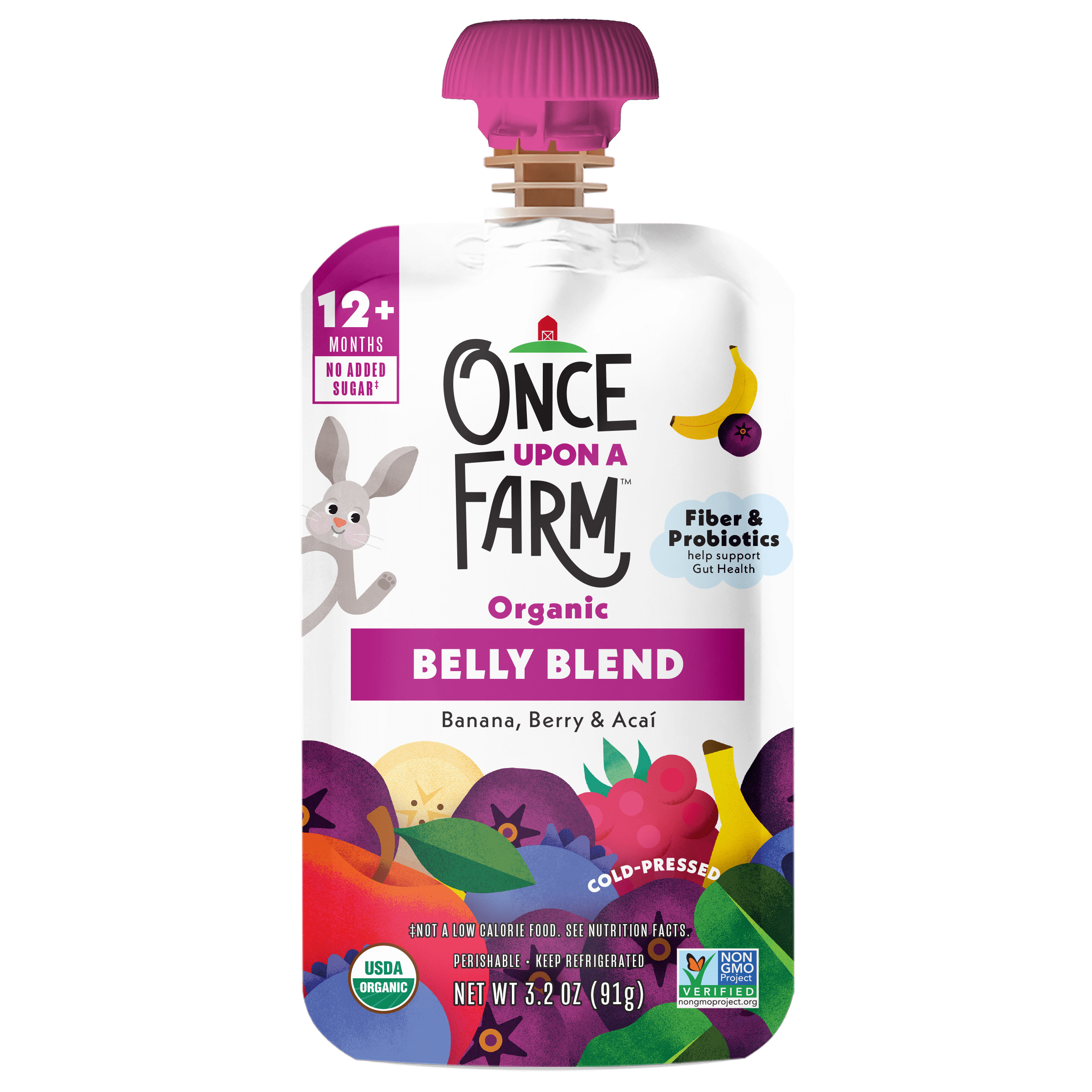 Once Upon a Farm Organic Refrigerated Toddler Food Belly Blends Banana Berry Acai, 3.2oz Pouch
