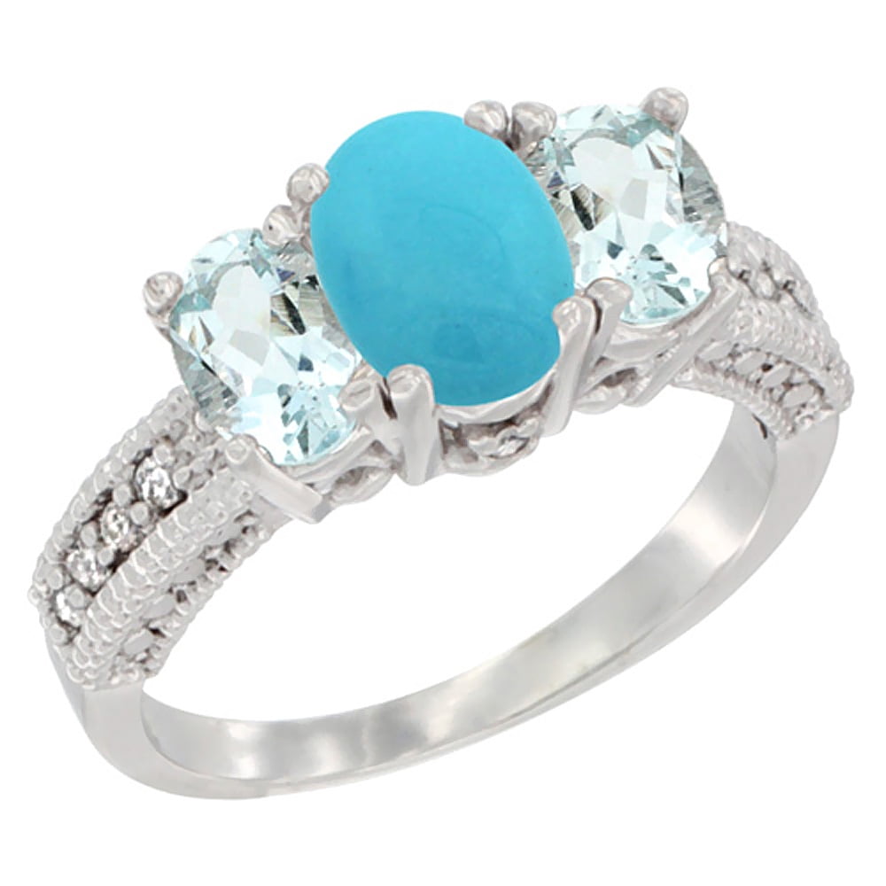 10K White Gold Diamond Natural Turquoise Ring Oval 3-stone with Aquamarine, sizes 5 10 by WorldJewels