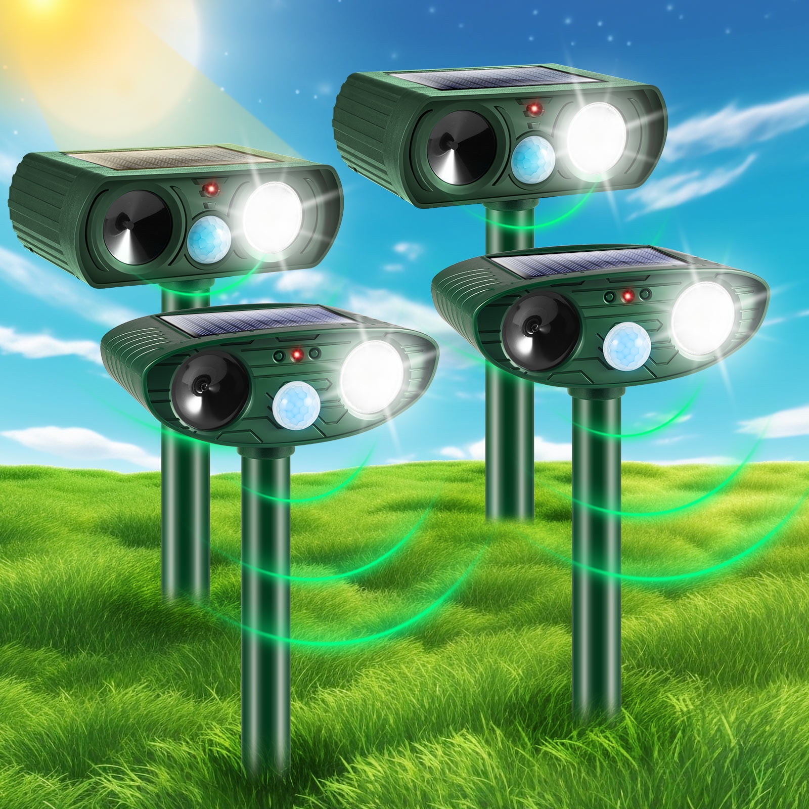 4 Pack Ultrasonic Animal Repellent Outdoor Solar Animal Repeller Waterproof with Motion Detection Cat Repellent Outdoor Deer Repellent Devices Dog Deterrent Skunk Repellent for Yard Garden Farm