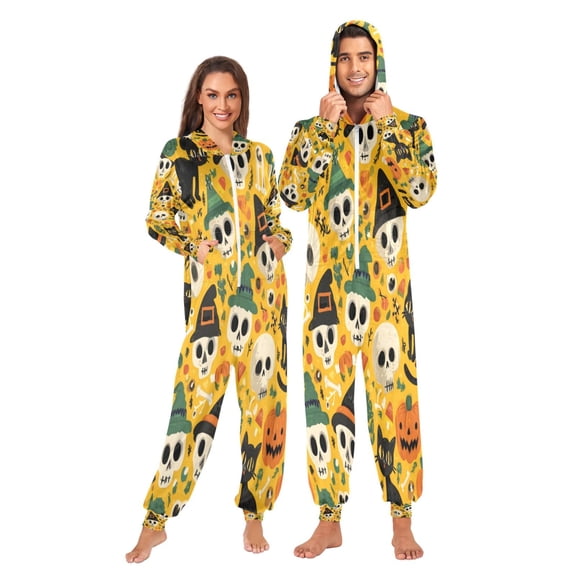 1-Pack Onesie Jumpsuits For Men&Women Winter One Piece Zipper Pajamas Playsuit Witches' Hats Black Cats Pumpkins