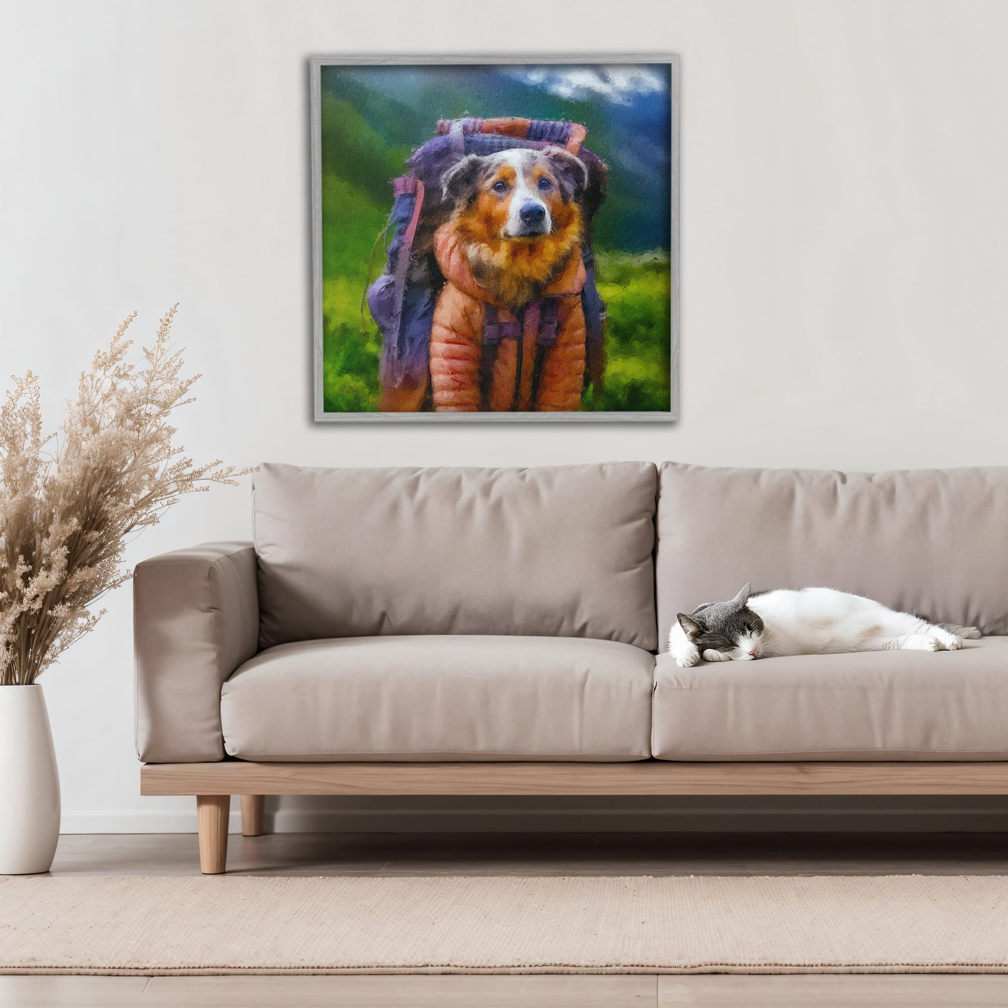 Stupell Industries Backpacking Hiker Dog Gray Framed Giclee Art, design by Sean Parnell