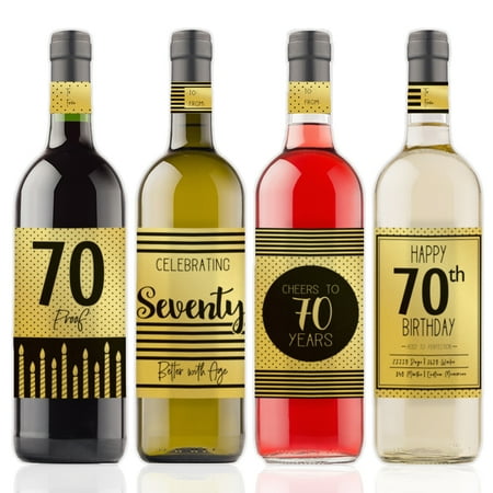 Wine Bottle Tags Gold Foil 70th Birthday Wine Labels, 4ct - Black and Gold Stripe and Polka Dot Birthday Party Supplies - 4 Wine Bottle Stickers with Gift Tags ()