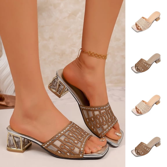 Miluxas Women's Rhinestone Slip-On Low Heel Sandals Square Open Toe Shiny Party Non-Slip High Heel Slippers Brown 9(42)