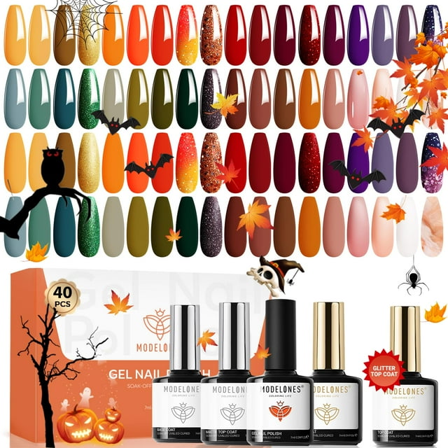 Set de esmaltes de uñas en gel Modelones Fall de 40 colores con base y capa superior