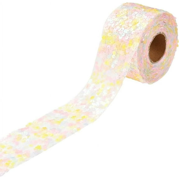 1 Roll 10 Yards 2.36 Inch Pink Sequin Lace Ribbon Glitter Trim Sparkle Bling Metallic Paillette Sequins Beaded Edging Trimming Ribbon for Sewing Making Gift Wrapping Diy Christmas Tree Decor Supply