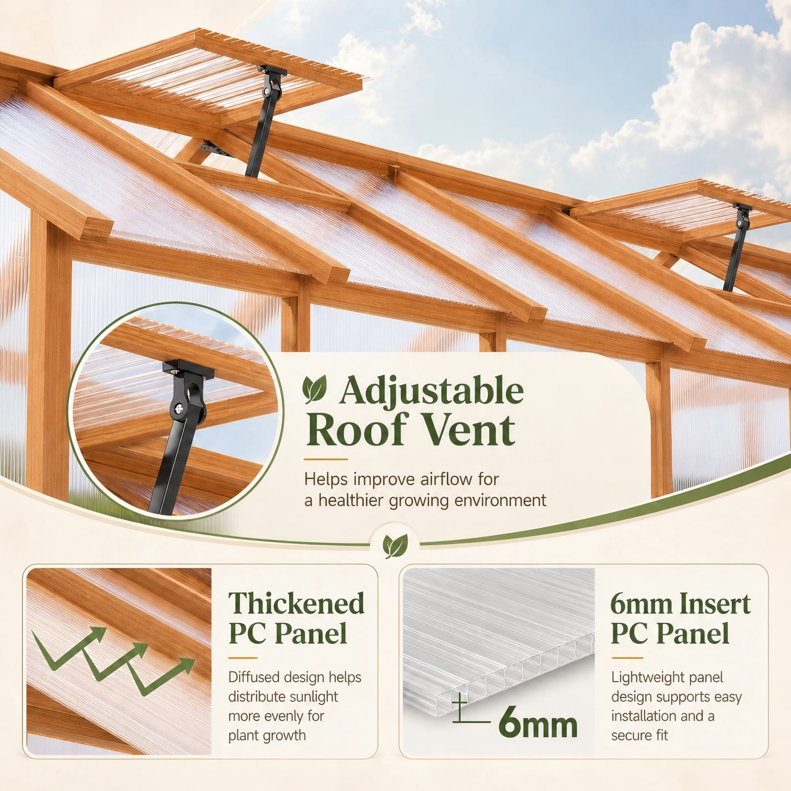PABIMIA 6 ft. x 12 ft. Wood Greenhouse, Outdoor Walk-in Greenhouse Kit with Polycarbonate Panels and Adjustable Roof Vent
