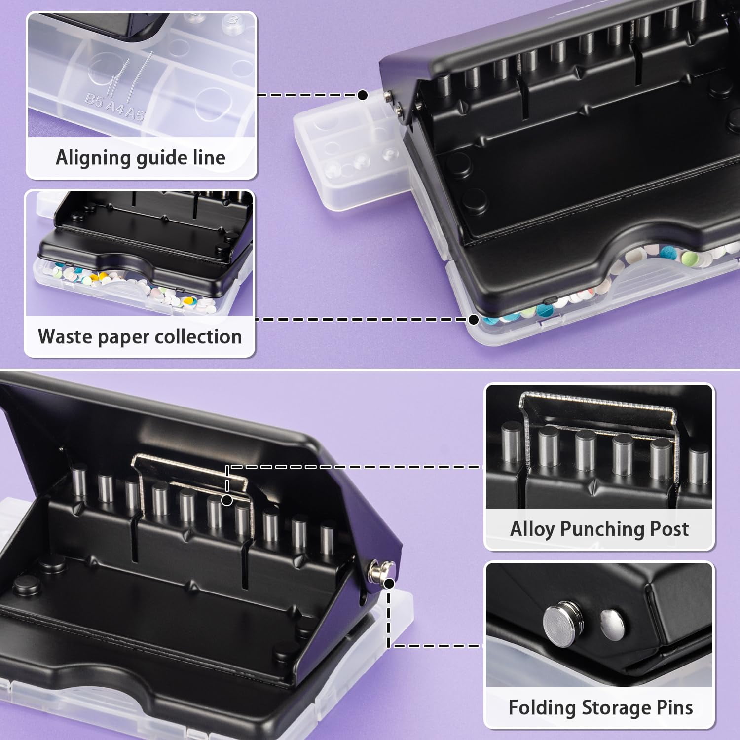 10 Hole Punch Binding Machine for Planners, With 10 Multi-Color 30-Hole Loose Leaf Binding Spines, Punches 26 Holes on B5, 30 Holes on A4, 20 Holes on A5 Paper