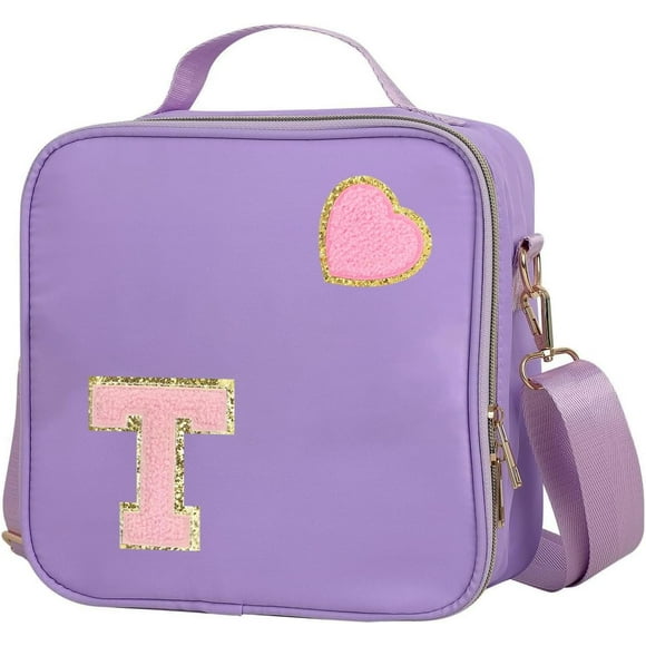 shiyou-Insulated Nylon Lunch Box for Girls, Kids, and Women-Stylish Purple Preppy Large Lunch Bag with Adjustable Strap (Letter T), Tote for School, Travel, and Picnics-Ideal Preppy Stuff Choice