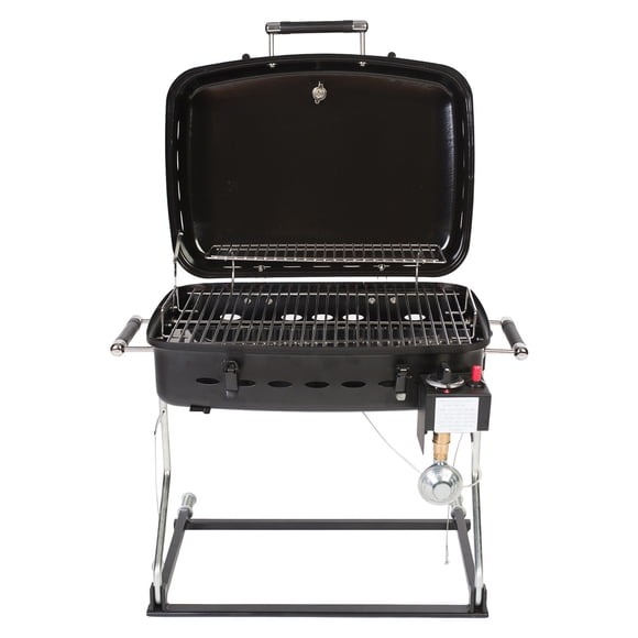 Faulkner Barbeque Grill 51322 Propane; Flame; 12000 BTU; Rectangular; Powder Coated; Black; Steel; With Thermometer/Piezo Igniter/Quick Disconnect LP Adapter