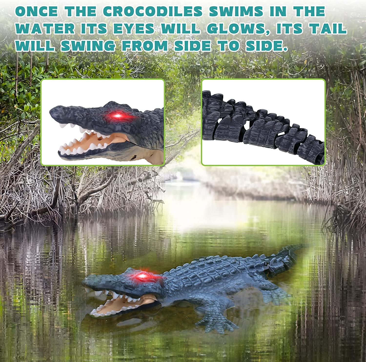 SSAWcasa 2.4GHz Remote Control Crocodile Toy, RC Crocodile with Glowing Eyes Simulated Alligator RC Boat Toys for Kids Aged 6+ (Black)