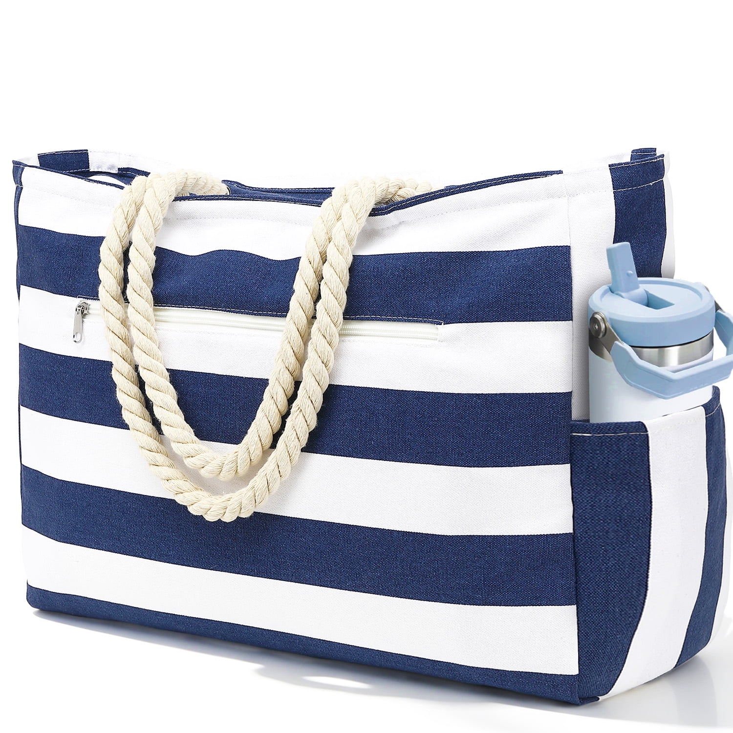 Oversized Tote Bag for Women and Girls,Canvas beach bag, Waterproof Sandproof Travel Tote Bag with Wet Pocket, Striped Swim Pool bag Zipper Closure,Dark Blue