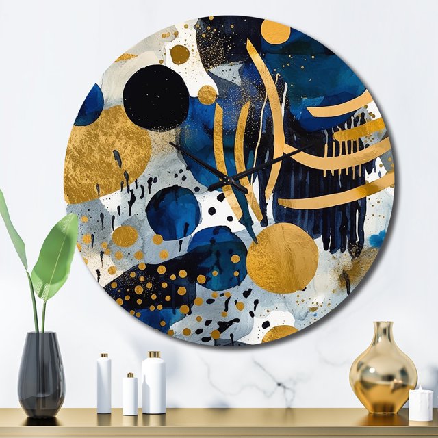 Designart "Abstract Pattern with Blue and Golden Textures XIX" Modern Geometric Oversized Wall Clock