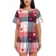 thumbnail image 1 of Balery Heart Plaid Conjunto de Pijama para Mujer con Estampado, Dos Piezas de Manga Corta y Shorts, Ropa de Dormir Suave con Cuello Redondo y Bolsillos-XX-Large, 1 of 6