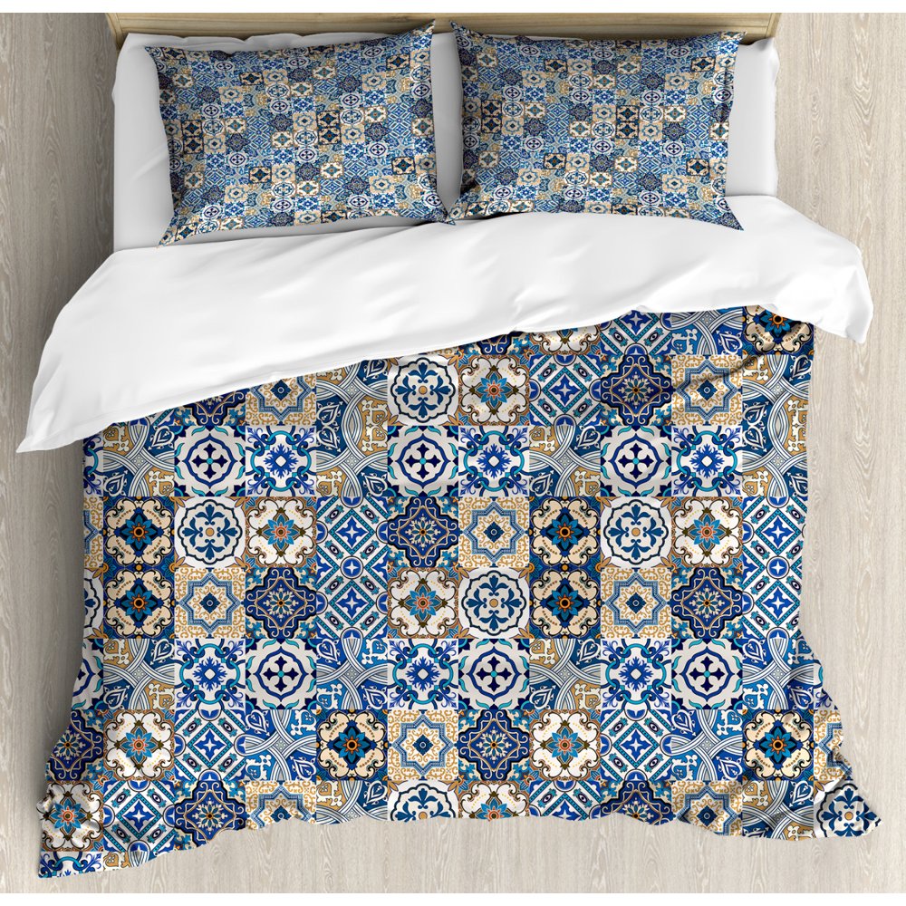 Moroccan Duvet Cover Set Queen Size, Tile Pattern with Portuguese