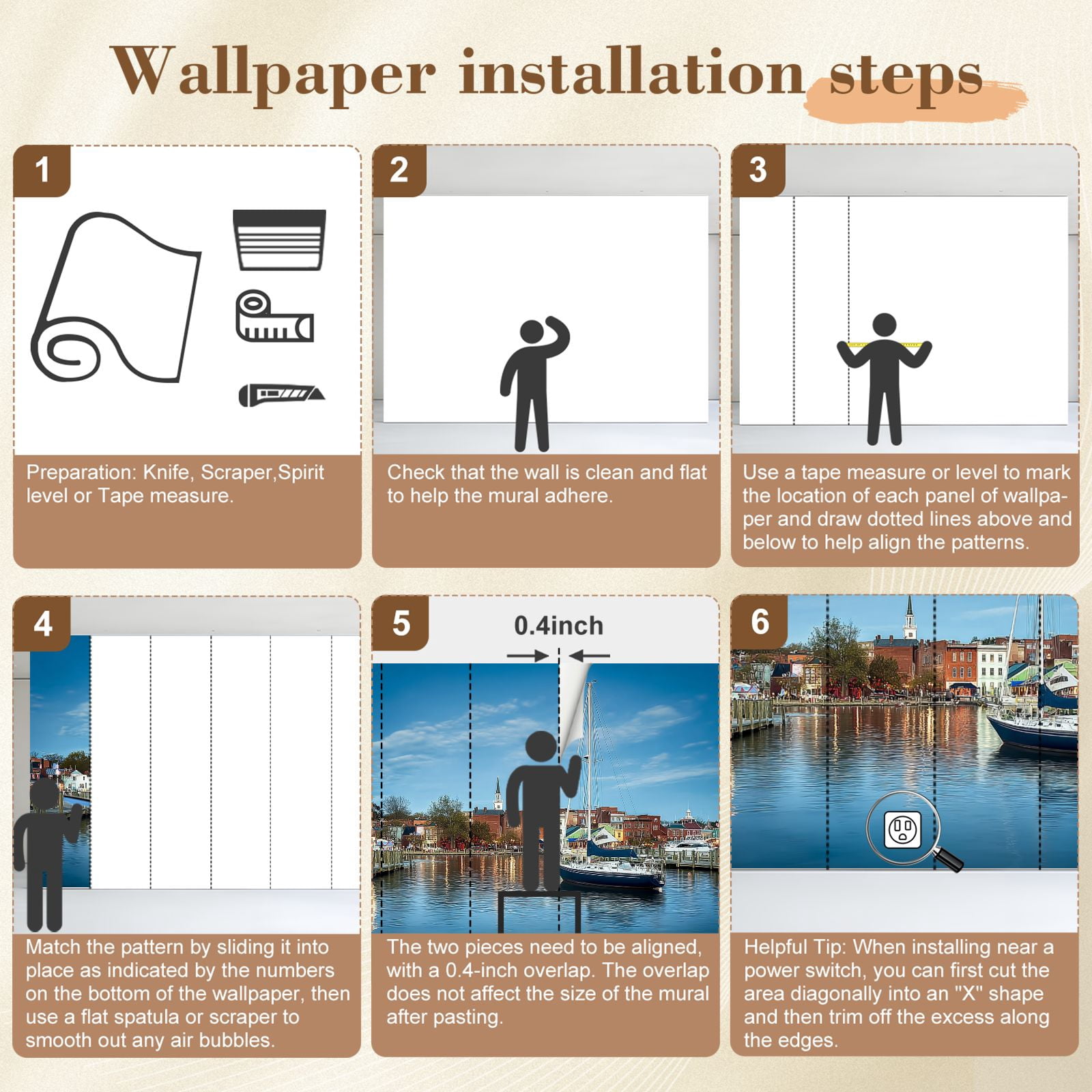 Wallpaper View boats by Annapolis Harbor city Peel and Stick Wall Murals 69"H x 96"W Removable PVC Wall Paper Self-Adhesive Wall Paintings Art Decor for Bedroom Living Room
