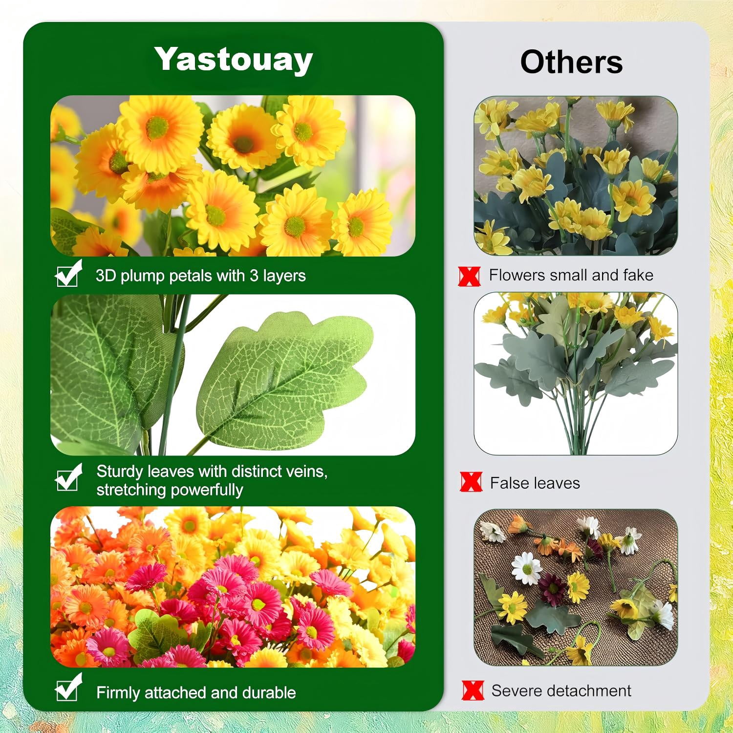 Yastouay 12 Bundles Artificial Mums Flowers for Outdoors, UV Resistant Fake Flowers for Planter, Mix Yellow Outdoor Faux Plants for Garden Balcony Yard Porch