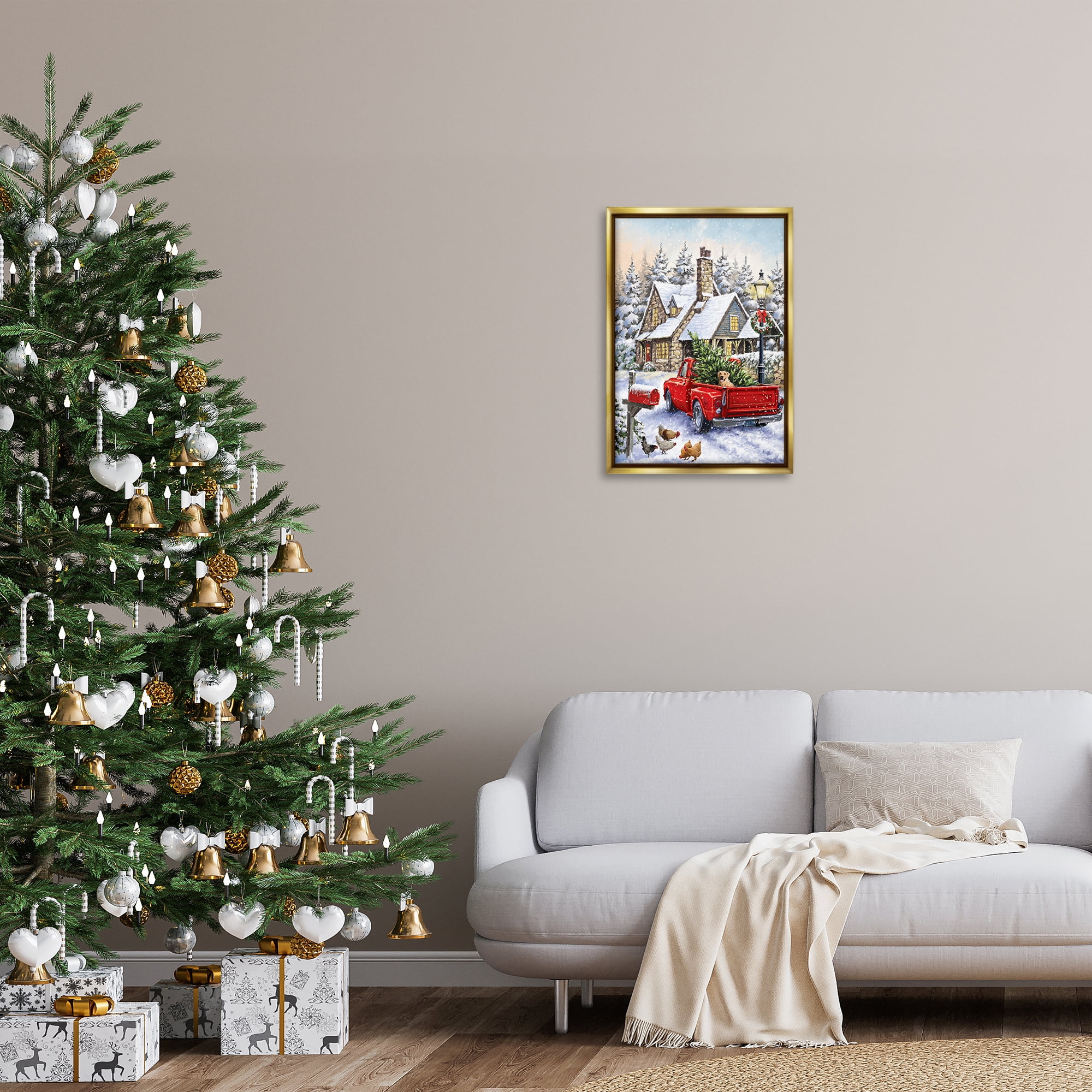 Stupell Industries Rustic Holiday Scene Holiday Painting Gold Floater Framed Art Print Wall Art, 17 x 25