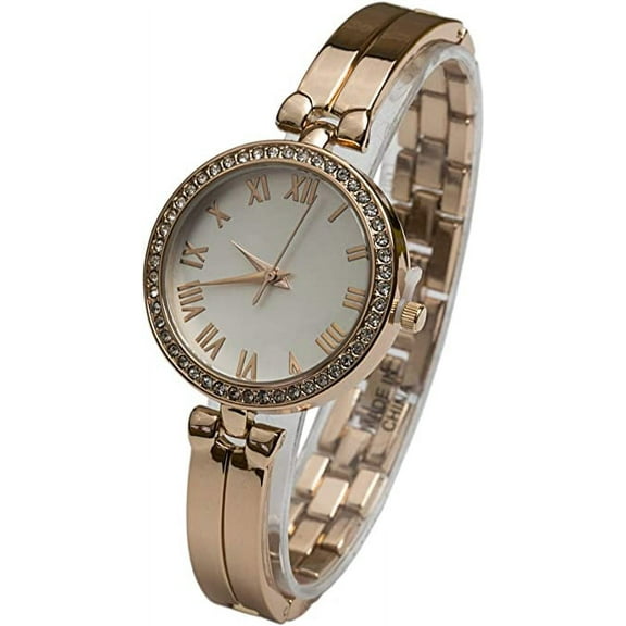 Blekon Collections Japanese Quartz 33mm Case Roman Numerals Rhinestone Bezel Link Bracelet Watch
