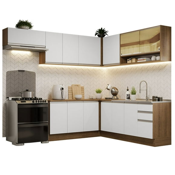 Cocina Integral Esquinera 469cm Marrón/Blanco Glamy MADESA