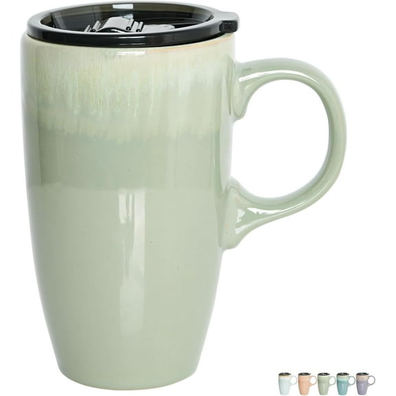 Bosmarlin Ceramic Travel Coffee Mug with Handle and Lid, 18 oz, Portable Cup for Car Holder, Microwave Dishwasher Safe, Reactive Glaze (Pale Green)