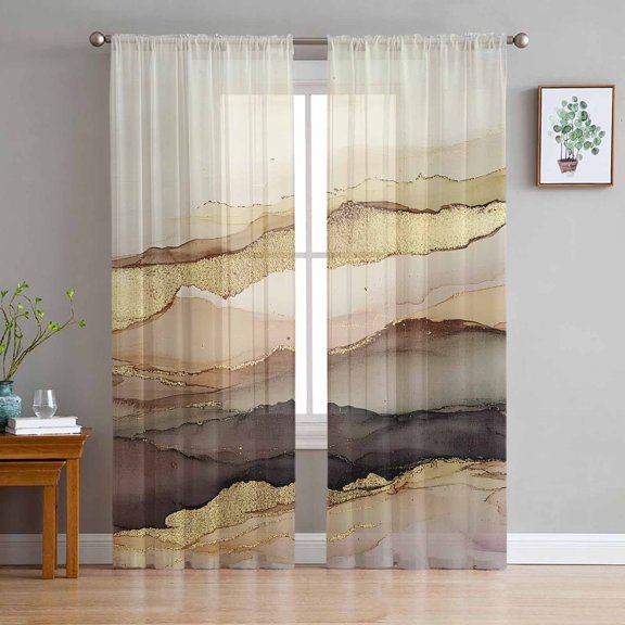 Marble Brown Gold Sheer Curtains 63 Inches Length 2 Panels Set, Window Sheer Curtains for Living Room/Bedroom, Abstract Watercolor Geometric Rock Light Filtering Rod Pocket Curtain 52'' x 63'' x 2