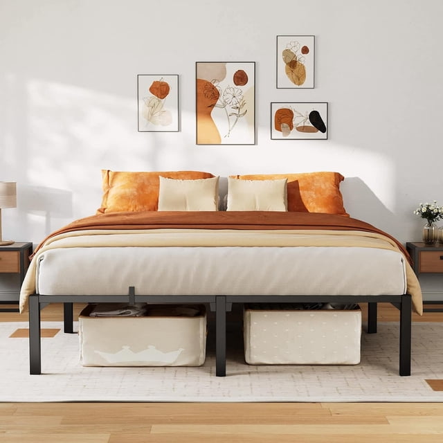 King - size marco de cama: 14 - pulgada metal platform, no box spring, no screws, 800 - lbs capacity, heavy - duty, tool - free assembly con reinforced iron slats y legs