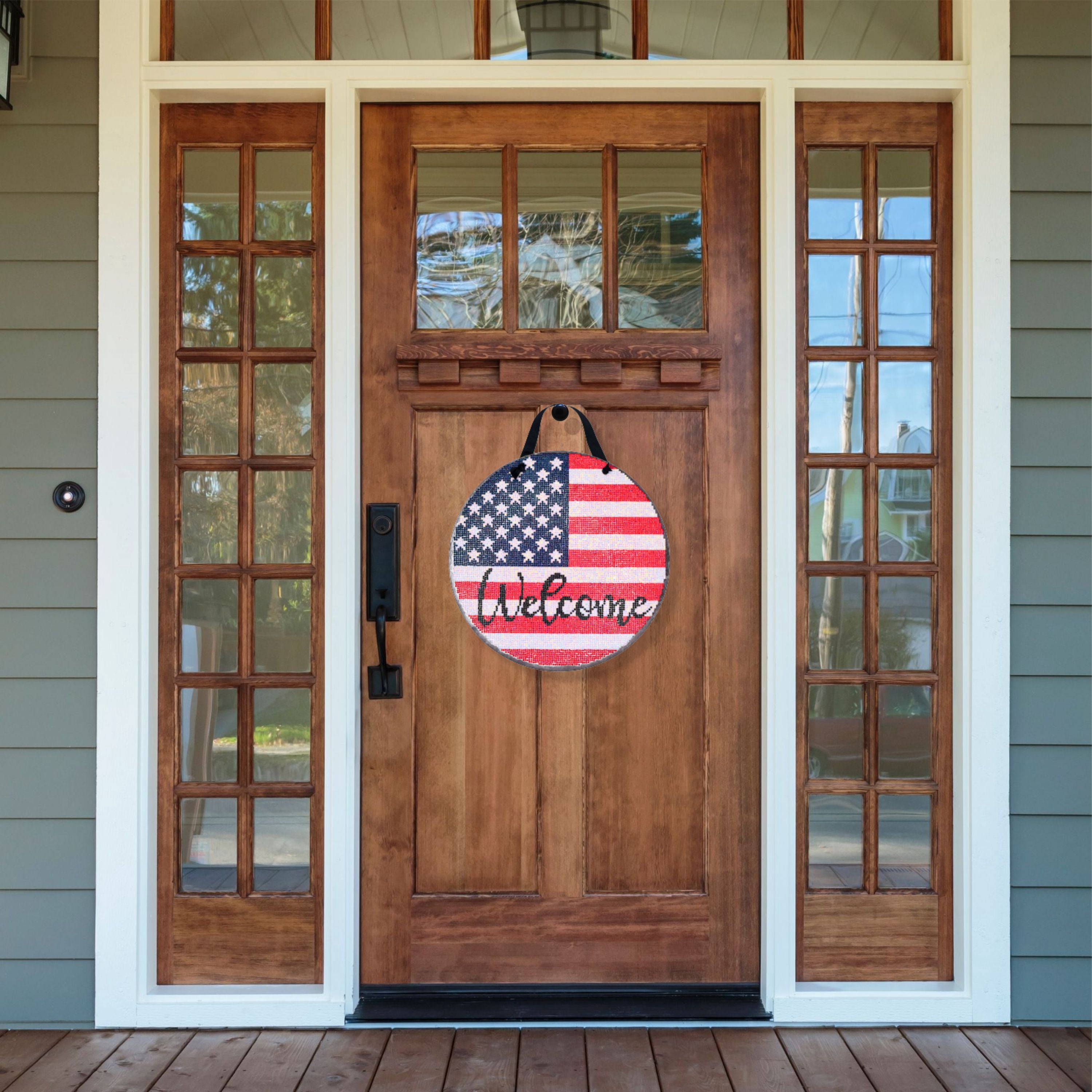 Diamond Painting Kit, Welcome US Flag Diamond Art Painting, 14 Piece Set, Round Wood Door Sign, 100% AB Drills