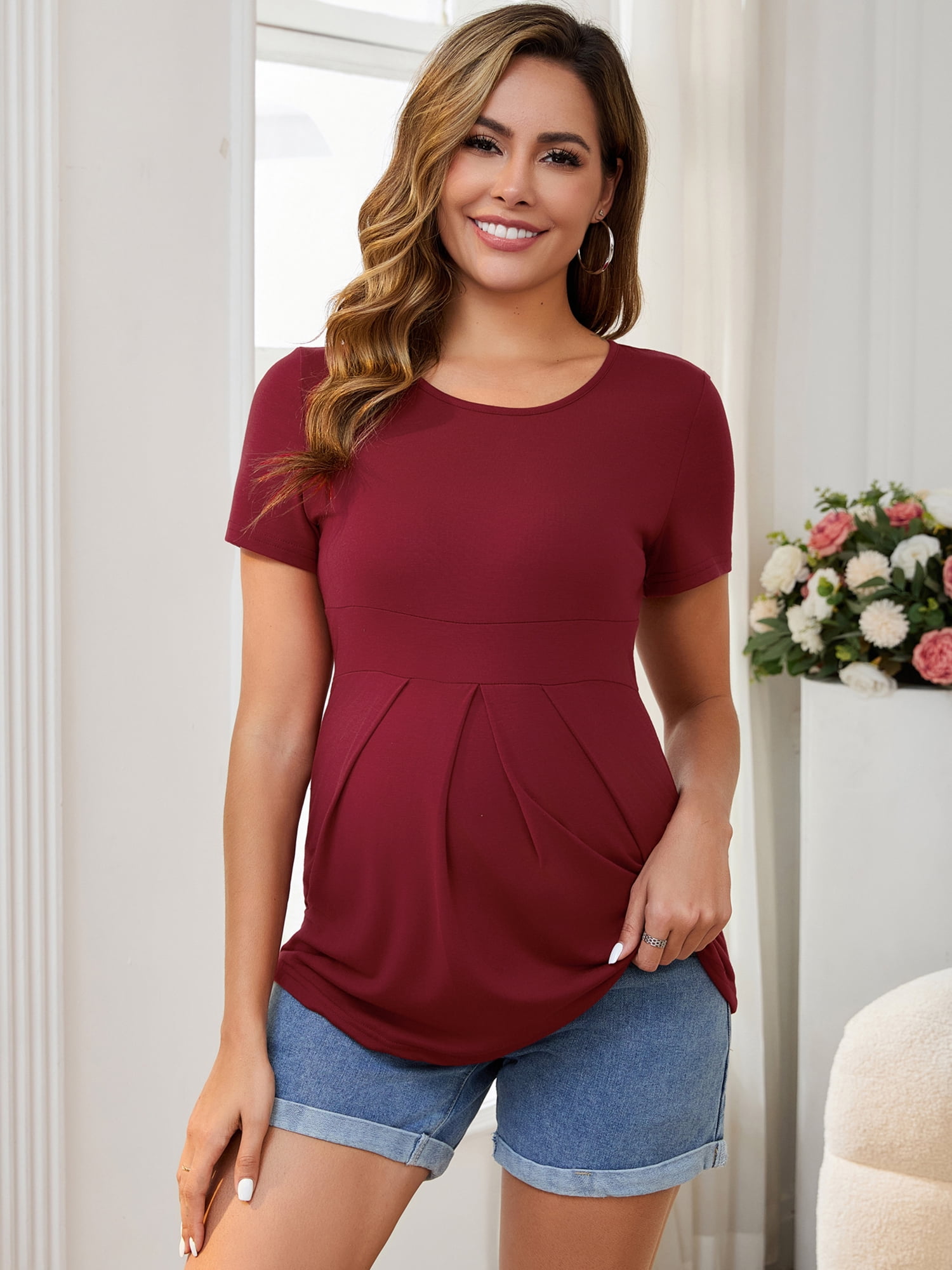 DARING DIVA Women's Short Sleeve Crew Neck Wrinkle Design Maternity Blouses M Red