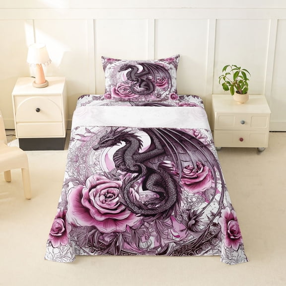Erosebridal Teens Magical Dragon Twin Sheet Sets 3pcs,Boys Girls Chic Floral Roses Bedding,Black Pink