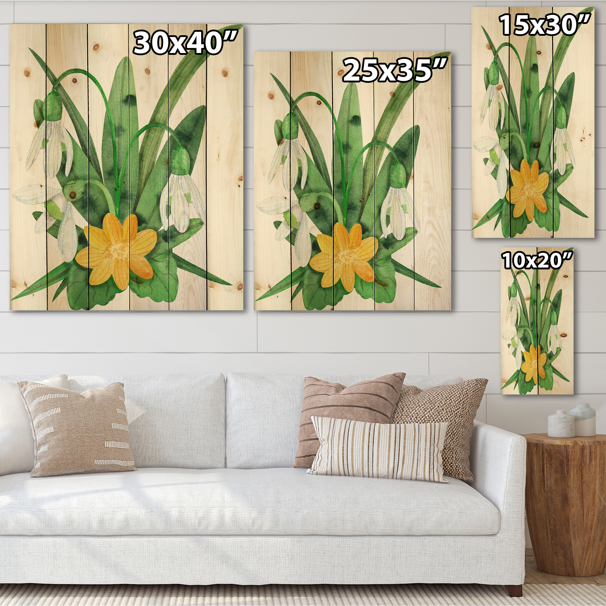 Designart 'Snowdrops and Yellow Erantis VIntage Flowers' Traditional Print on Natural Pine Wood