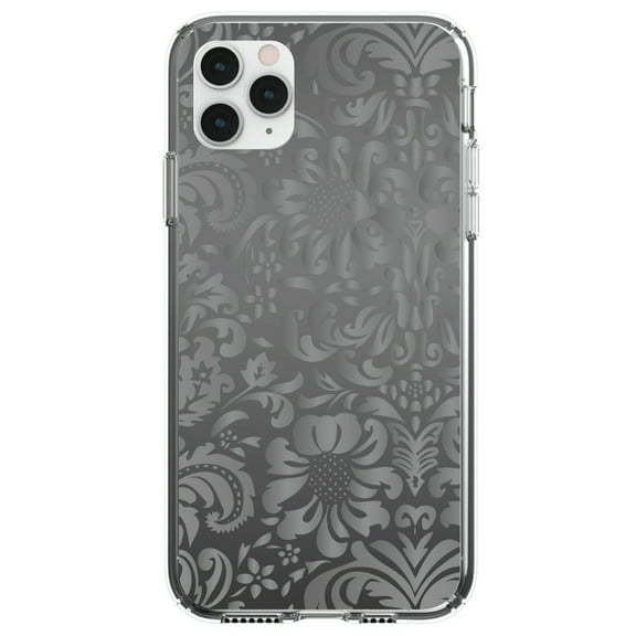 DistinctInk Clear Shockproof Hybrid Case for iPhone 13 (6.1" Screen) - TPU Bumper, Acrylic Back, Tempered Glass Screen Protector - Shades of Grey Floral Pattern