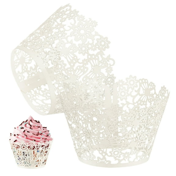 Uxcell 50-Pack Cupcake Wrappers, Pearlescent Art paper, Floral Lace Hollow Out Cupcake Liners for Wedding/Birthday Party Decoration[White]