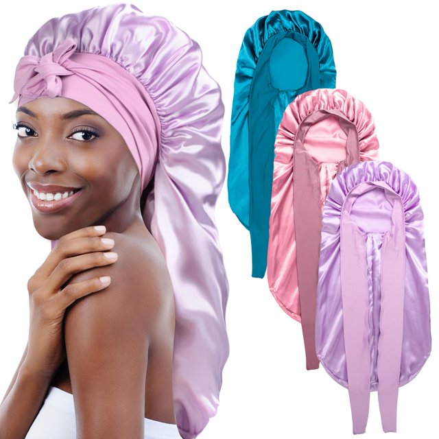 Set de gorros para mujer negra, gorro de dormir de seda satinada y trenzada