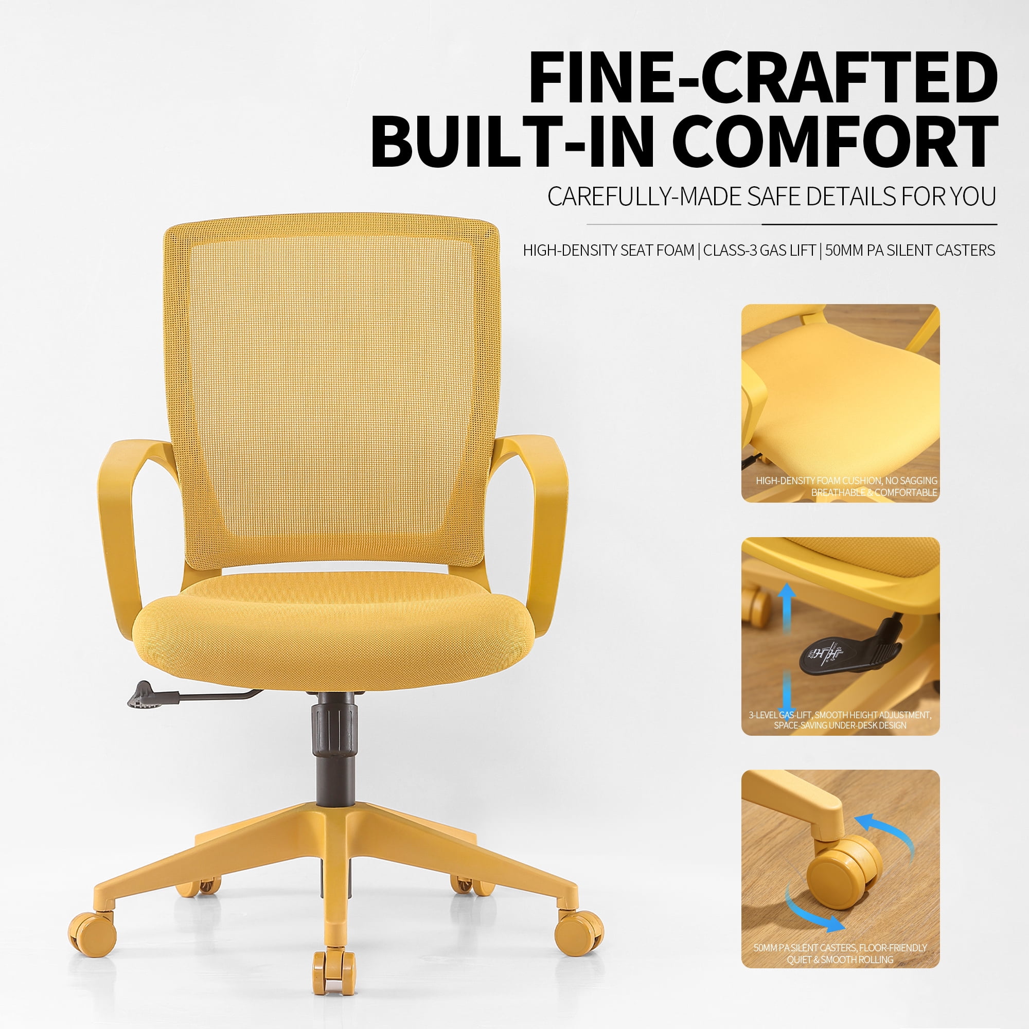 Colorful Office Task Chair 350LBS, Home Office, Mesh Back,Comfortable Sitting, Fixed Armrest, Swivel, Height Adjustable Chair (Yellow)