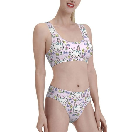 Uemuo Purple Rabbit Printed Women s High Waisted Bikini Sets Sporty Two Piece Swimsuits Color Block Cheeky High Cut Bathing Suits-Large