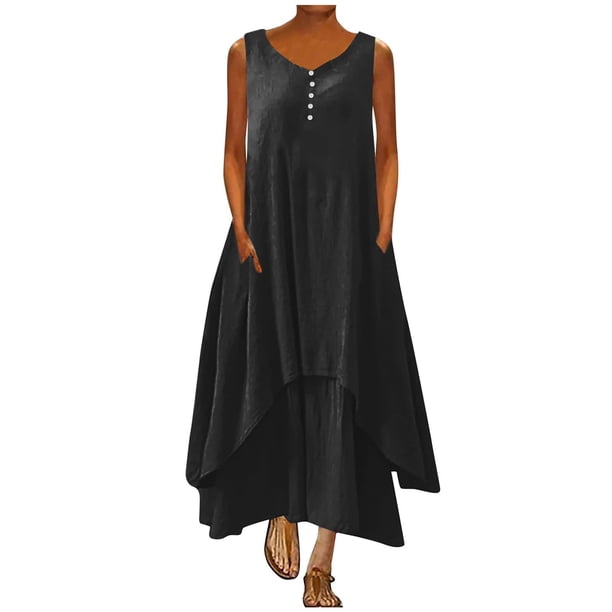 Vestidos de verano Umfun para mujer, tallas grandes (S a 5XL), informales, lisos, con cuello redondo, sin mangas, largos, estilo camiseta, corte A, para playa, color negro