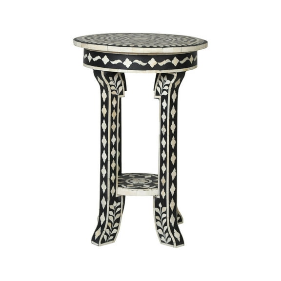 Bone Inlay End Table – Round Floral Medallion Top with Black and Ivory Contrast